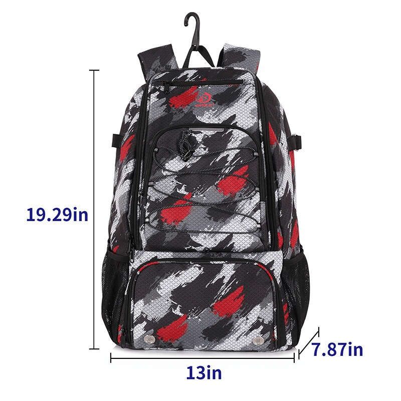 Stylish unisex sports backpack with spacious pockets, durable nylon exterior, and air cushion belt; dimensions 13x19.29x7.87 inches.